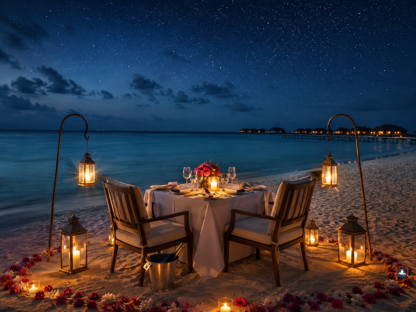 Romantic private beach dinner for two surrounded by candlelit lanterns beneath a star-filled sky.