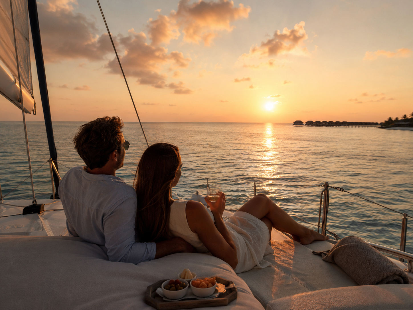Couple relaxing aboard a private sailboat while watching the sunset over the Maldivian ocean.
