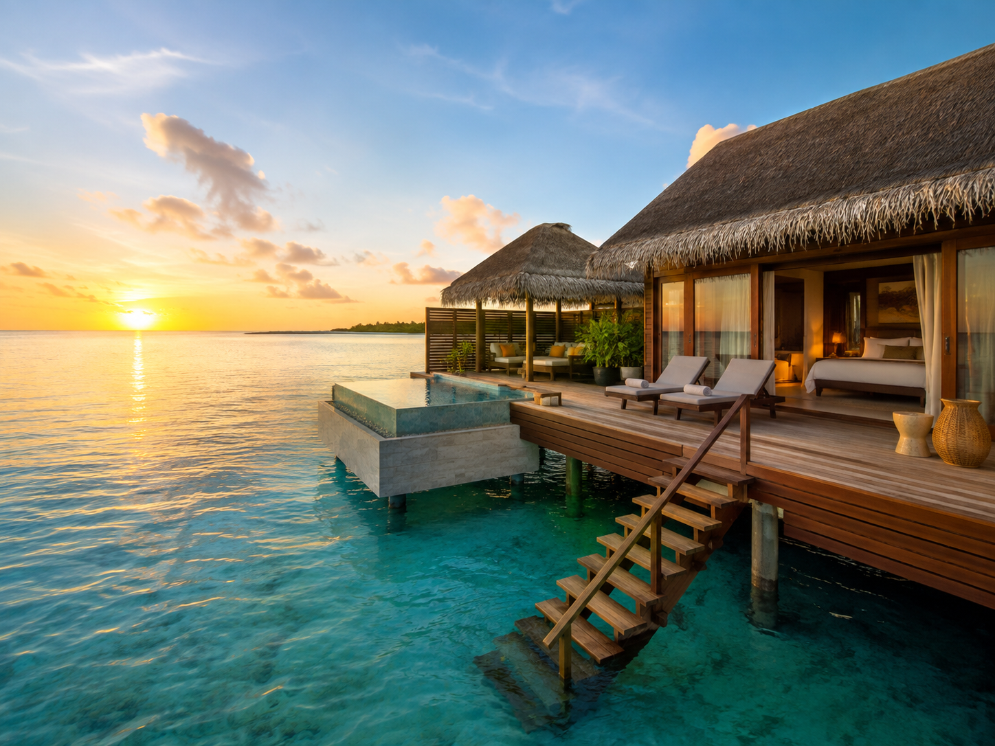 Luxury overwater villa with a private pool and direct lagoon access at sunset in the Maldives.