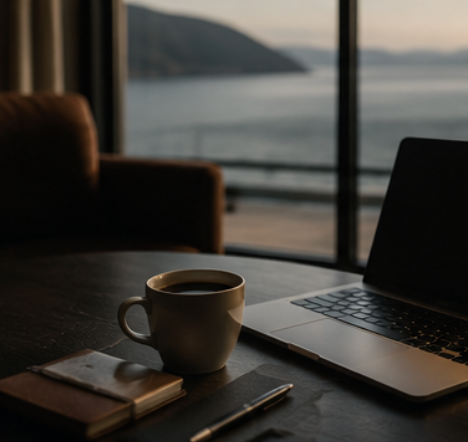 Laptop, coffee, notebook, and pen on a table beside a window overlooking a calm coastal landscape.