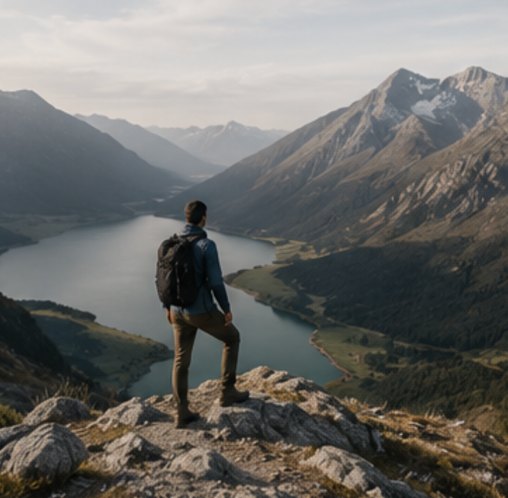 A lone hiker stands on a rocky overlook above a mountain lake surrounded by towering peaks.